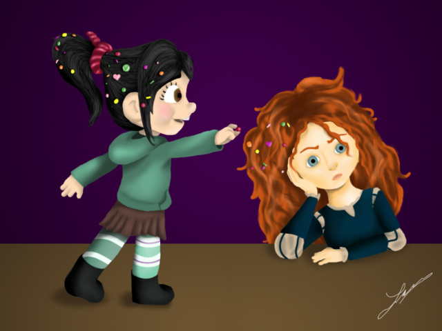 Vanellope and Merida digital painting. 2012.